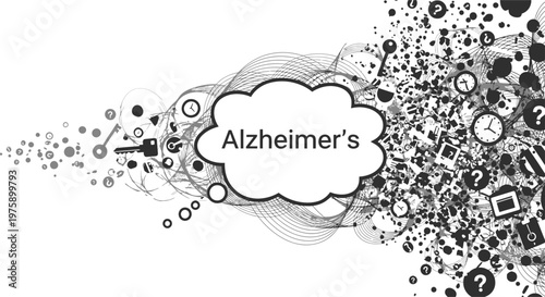 Alzheimer's Disease Concept Illustration with Chaotic Memories and Confusion Icons.