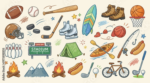 Sports and Outdoor Activities Doodle Vector Set with Equipment and Adventure Icons