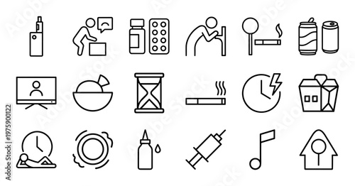Unhealthy habits and addiction line icon collection.