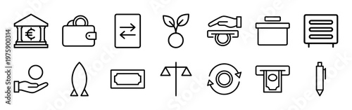 Banking and finance minimalist outline icon set for business and personal wealth management.