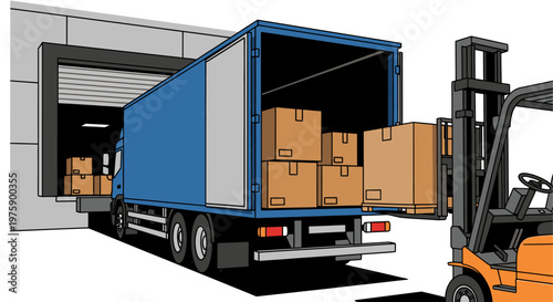 Logistics and Warehouse Operation with Forklift Loading Cargo into a Truck.