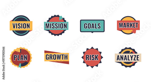 A vibrant collection of retro-inspired business badges, each featuring a key strategic concept like vision, mission, goals, and market.