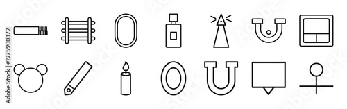 Minimalist bathroom plumbing and personal hygiene outline icons.