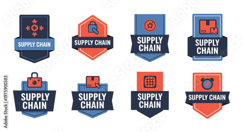 A collection of modern, flat design supply chain badges and labels, perfect for illustrating logistics, distribution, and business processes with a contemporary aesthetic.