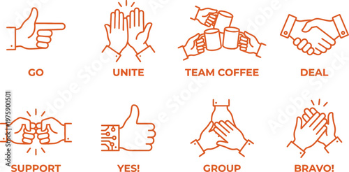 Teamwork Line Icons Set with Hands Gestures Business Collaboration Symbols
