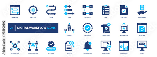 Workflow digital icon set. Solid style, vector illustration