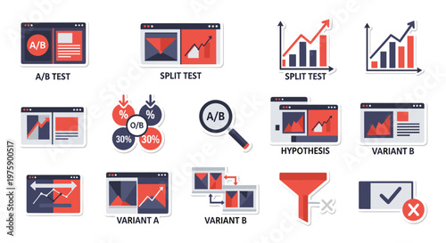 A comprehensive collection of vector icons illustrating various aspects of A/B testing and split testing methodologies for web optimization.