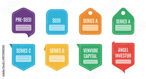 A vibrant collection of colorful startup funding stage tags, including pre-seed, seed, series A, B, C, D, venture capital, and angel investor, illustrating the investment journey.