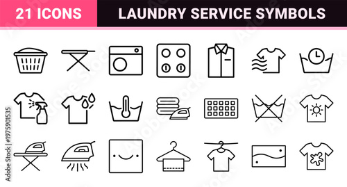 Laundry and clothes care outline icon set for cleaning services.