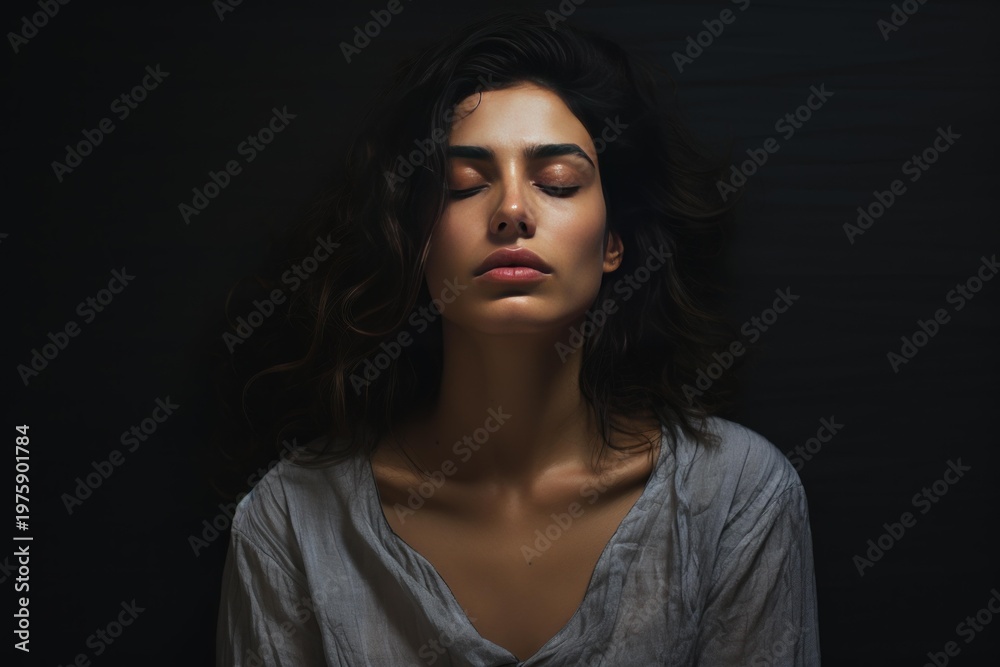 Fototapeta premium Young woman closing eyes, finding internal calm against a dark background