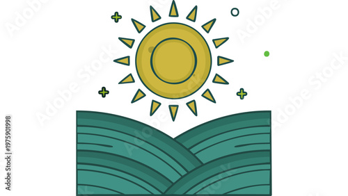 Sun over fields icon representing agricultural landscape with sunrise and cultivated land environment vector