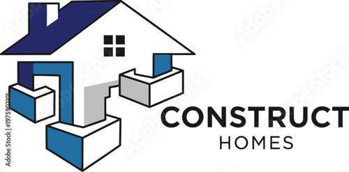 A logo for a home construction company featuring a house made of blocks