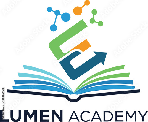 A logo for Lumen Academy featuring an open book with colorful molecular structures and arrows