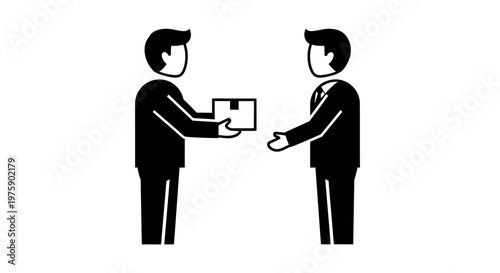 Businessmen exchanging package icon, delivery service, partnership, teamwork concept.