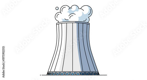 Minimalist Flat Line Art Illustration of a Nuclear Power Plant Cooling Tower with Steam.
