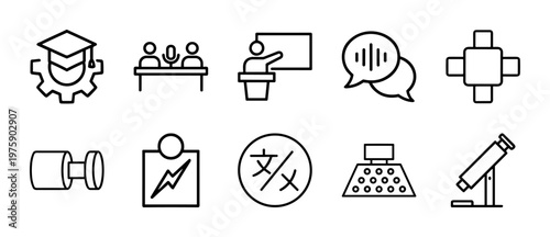 Linguistics and global translation minimalist line icon set