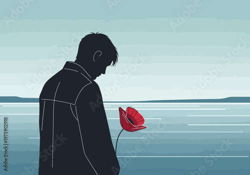 Melancholy man holding a single red flower in contemplation.
