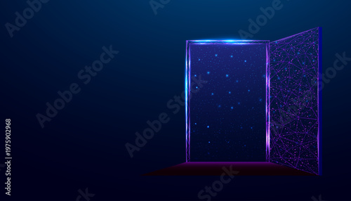 Open door to space, universe. Banner with glowing low poly door on dark blue background. Wireframe low poly design. Abstract futuristic vector illustration.