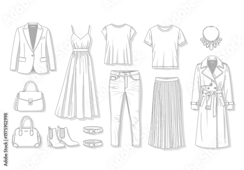 Fashion illustration showcases various clothing items and accessories on display