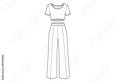 A stylish illustration of a woman's outfit with a top and wide-legged pants.