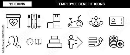 Minimalist black outline employee corporate benefit icon collection.