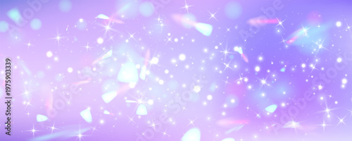 Dreamy purple pastel background, cute unicorn magic, glittering rainbow sparkles, gradient sky with stars, fantasy and shimmering princess-themed light effects. Vector illustration.