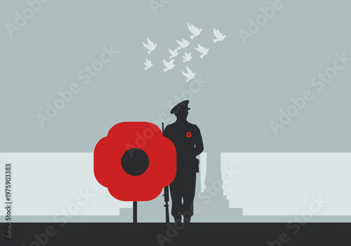 Soldier standing guard by a large red poppy flower.