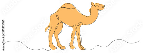 Continuous line art of a camel in the desert. Minimalist dromedary silhouette with orange color shape for Middle Eastern travel and safari concepts. vector illustration.