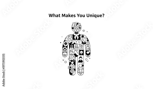 Human silhouette filled with various icons representing personal identity and uniqueness.