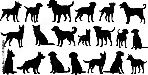 Group of dogs various poses vector silhouettes collection.
