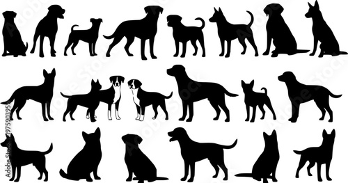Group of dogs various poses vector silhouettes collection.
