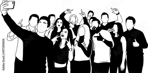 Silhouette group of people selfie different poses silhouette vector set on white background.
