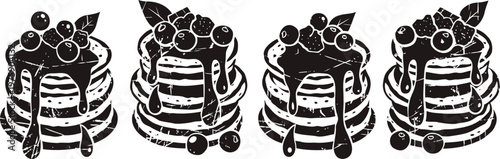 stack of layered pancakes with berries and syrup dripping, stylized black and white illustration