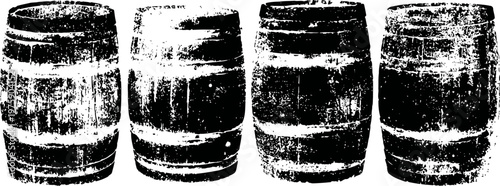 Vintage wooden barrels illustration four rustic casks in textured black and white