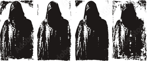 silhouettes of four hooded figures in dark abstract grunge with textured backgrounds
