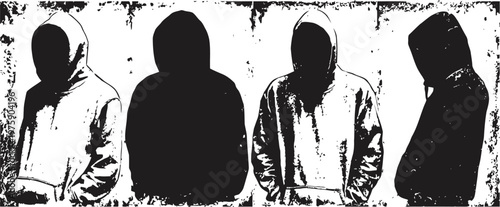 four hooded figures in shadowy, abstract black and white silhouettes with textured background