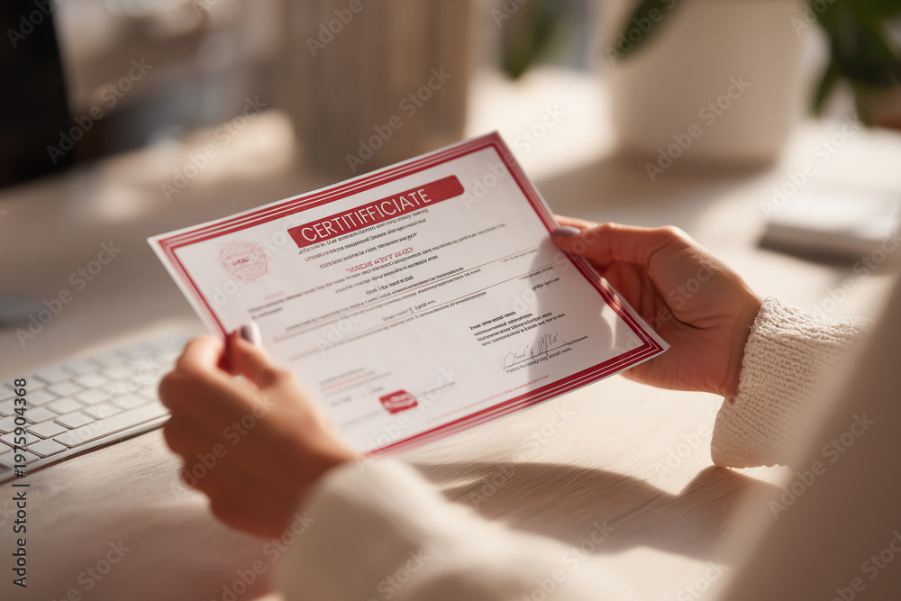 Naklejka premium Hands holding printed certificate of online course completion.