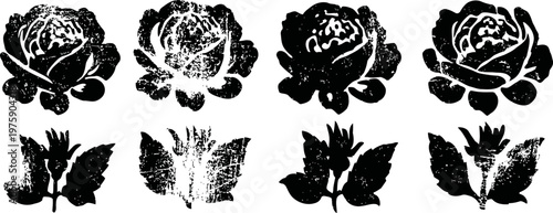 four black floral rose illustrations with different shading styles and leaf patterns