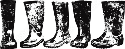 worn rubber boots in various angles with distressed texture detail