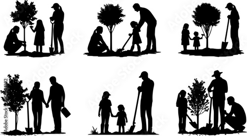 People planting trees silhouette set. Family gardening outdoor different poses silhouette set.
