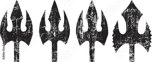 Grunge trident and axe weapon silhouettes set ancient medieval spear heads and battle axes collection