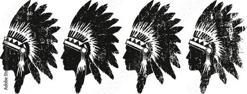 Four native american chief silhouettes with feather headdresses in different styles and details