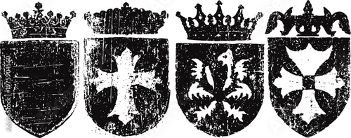 Four vintage heraldic shields with crowns and crosses in black and white design