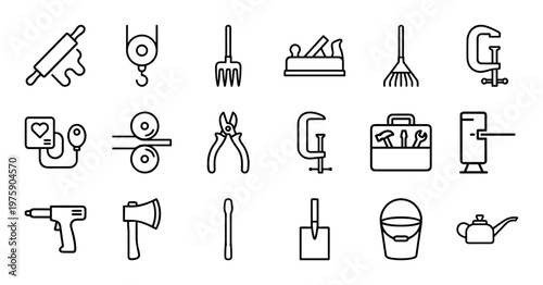 Hardware and DIY tool outline icons for industrial and garden work