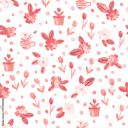 Spring watercolor seamless pattern with flowers. Naive style colorful drawings for spring easter seasonal design