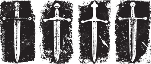 Medieval sword silhouettes with distressed texture vintage grunge weapon icons for design and decoration