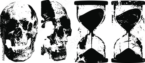Human skull and sandglass set time, mortality, life passing concept in black and white