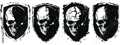Grunge skull emblems with dark distressed texture on shield shapes