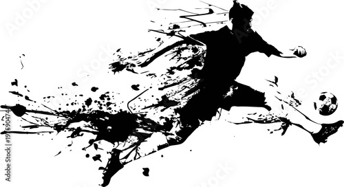 Dynamic soccer player silhouette kicking ball with splatter paint effect on white background