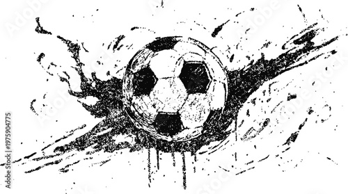 Dynamic black and white soccer ball sketch with abstract splash and paint drip elements
